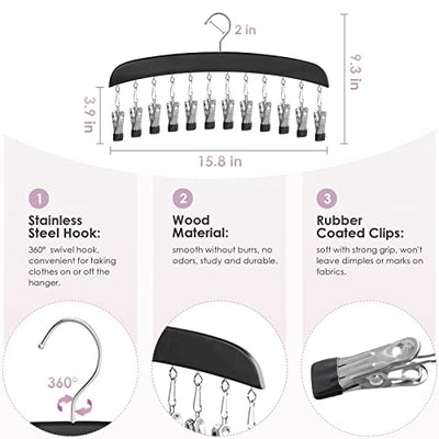 Leggings Hangers for Closet, MEILIDY 2 Pcs Wooden Hanging Leggings Organizer Hanger with Multi Clips Space Saving Scarf Organizer Storage Leggings Holder with 360° Swivel Hook - Black