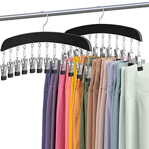 Leggings Hangers for Closet, MEILIDY 2 Pcs Wooden Hanging Leggings Organizer Hanger with Multi Clips Space Saving Scarf Organizer Storage Leggings Holder with 360° Swivel Hook - Black