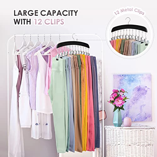 Leggings Hangers for Closet, MEILIDY 2 Pcs Wooden Hanging Leggings Organizer Hanger with Multi Clips Space Saving Scarf Organizer Storage Leggings Holder with 360° Swivel Hook - Black
