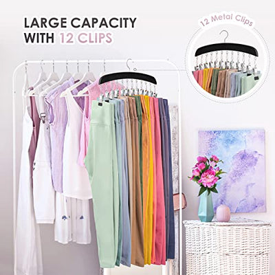 Leggings Hangers for Closet, MEILIDY 2 Pcs Wooden Hanging Leggings Organizer Hanger with Multi Clips Space Saving Scarf Organizer Storage Leggings Holder with 360° Swivel Hook - Black
