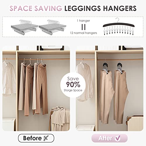 Leggings Hangers for Closet, MEILIDY 2 Pcs Wooden Hanging Leggings Organizer Hanger with Multi Clips Space Saving Scarf Organizer Storage Leggings Holder with 360° Swivel Hook - Black