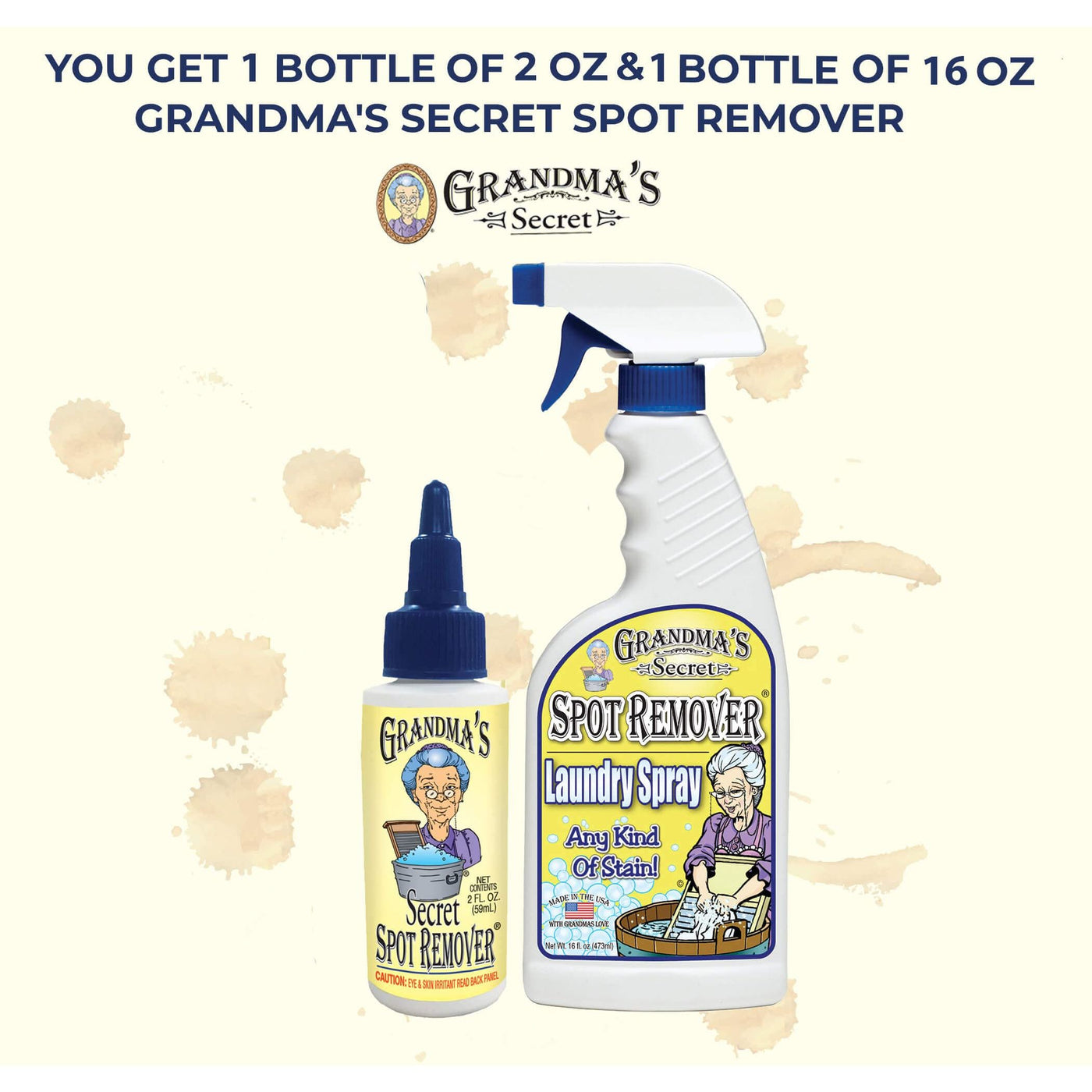 Grandma's Secret Spot Remover Laundry Spray - Chlorine, Bleach and Toxin-Free for Clothes - Fabric Stain Remover Removes Oil, Paint, Blood and Pet Stains - 16 oz & 2 oz Combo, DuoPack