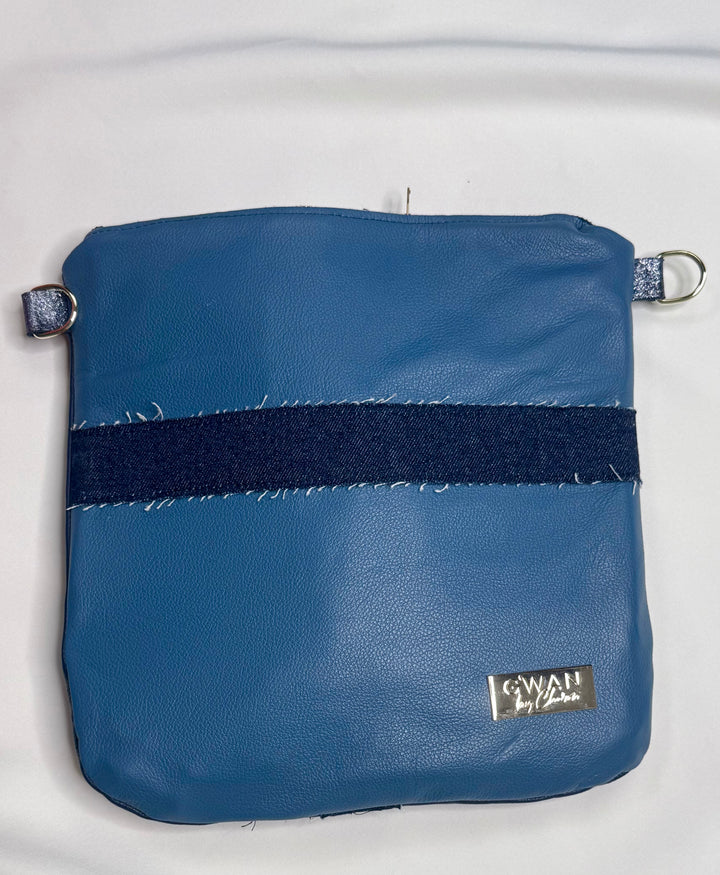 Blue pouch with a black strap on a white background