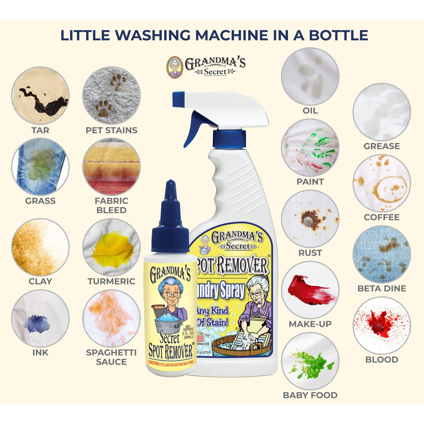 Grandma's Secret Spot Remover Laundry Spray - Chlorine, Bleach and Toxin-Free for Clothes - Fabric Stain Remover Removes Oil, Paint, Blood and Pet Stains - 16 oz & 2 oz Combo, DuoPack