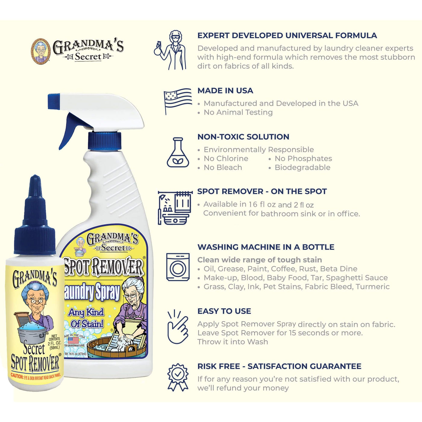Grandma's Secret Spot Remover Laundry Spray - Chlorine, Bleach and Toxin-Free for Clothes - Fabric Stain Remover Removes Oil, Paint, Blood and Pet Stains - 16 oz & 2 oz Combo, DuoPack