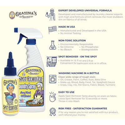 Grandma's Secret Spot Remover Laundry Spray - Chlorine, Bleach and Toxin-Free for Clothes - Fabric Stain Remover Removes Oil, Paint, Blood and Pet Stains - 16 oz & 2 oz Combo, DuoPack