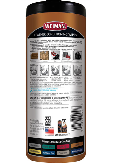 Weiman Leather Cleaner & Conditioner Wipes With UV Protection, Prevent Cracking Or Fading Of Leather Couches, Car Seats, Shoes, Purses - 30 ct