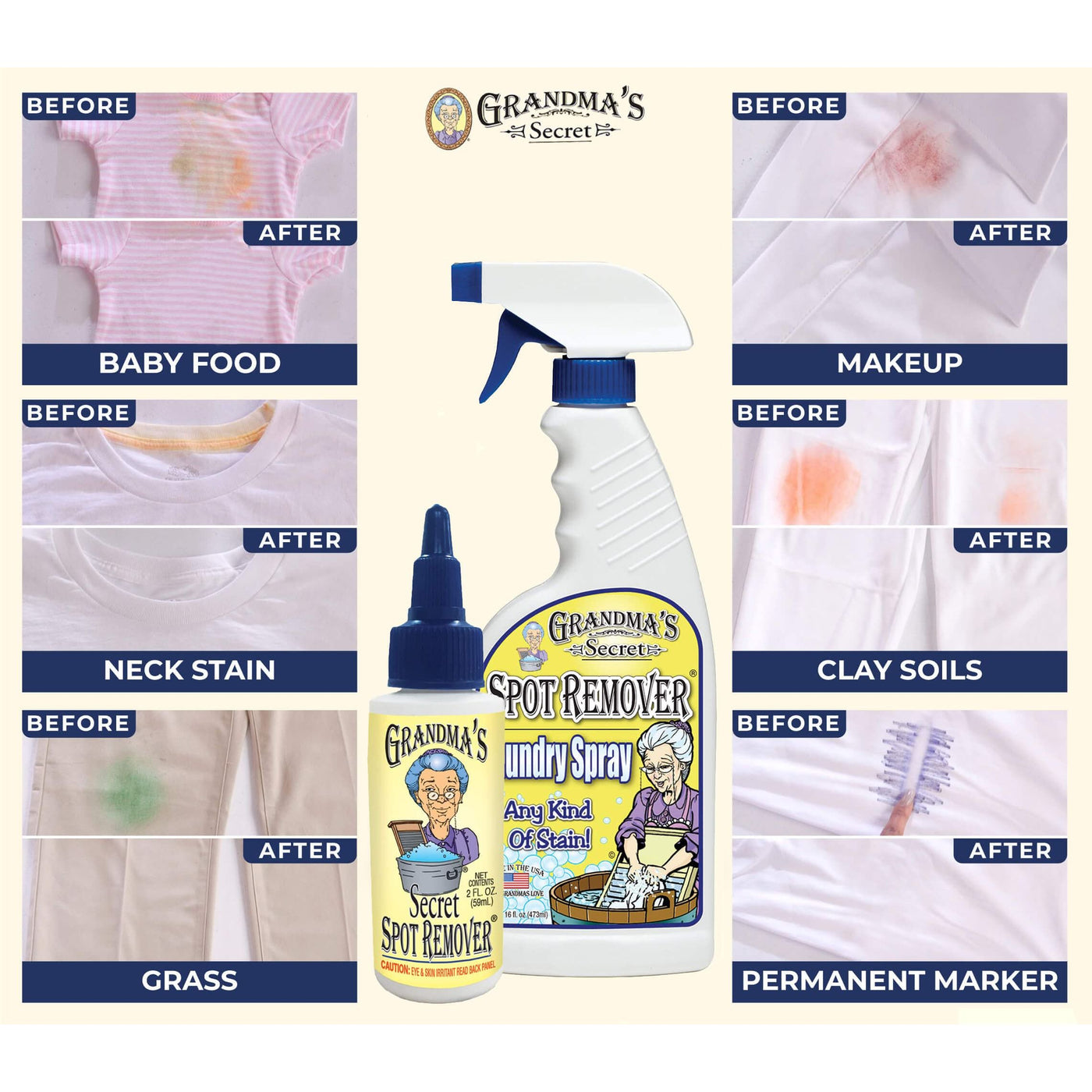 Grandma's Secret Spot Remover Laundry Spray - Chlorine, Bleach and Toxin-Free for Clothes - Fabric Stain Remover Removes Oil, Paint, Blood and Pet Stains - 16 oz & 2 oz Combo, DuoPack